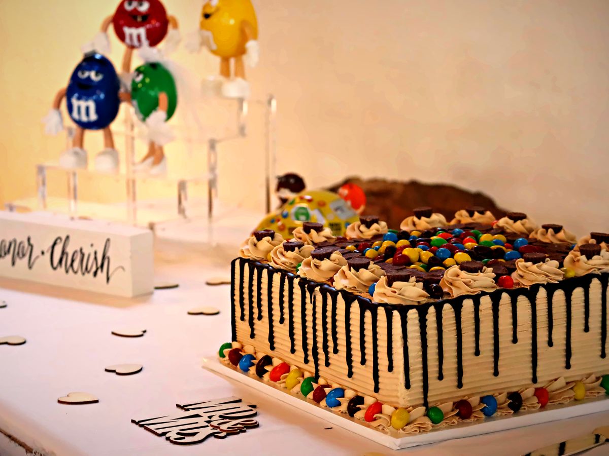 A chocolate wedding cake covered in candy